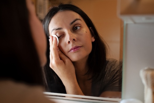 vrouw maakt oog schoon met wattenschijfje