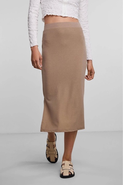 Pieces Ribgebreide Midi Rok Pckylie Beige Beige 5715214441390