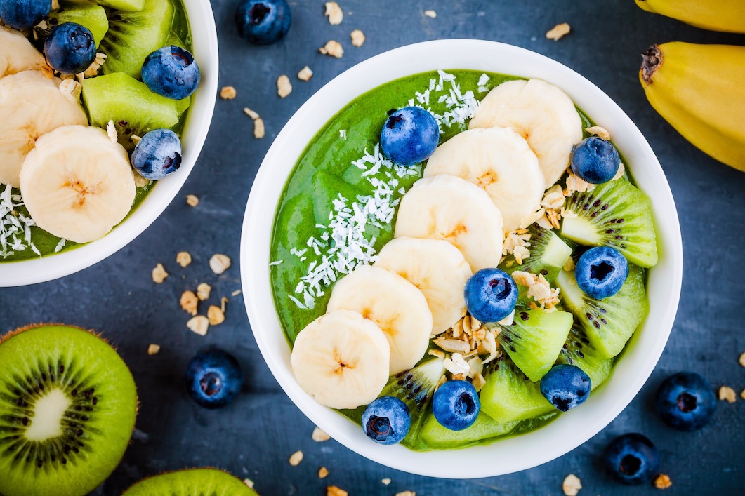 Green Smoothie Bowl With Banana, Kiwi, Blueberry, Granola