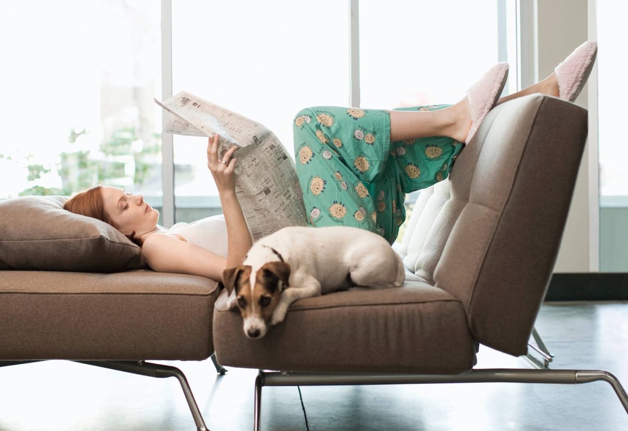 Vrouw Ligt Op Bank Met Haar Hond in een minimalistisch interieur