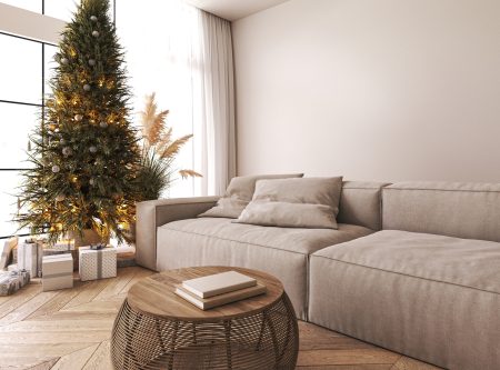 Contemporary Classic White Beige Livingroom With Sofa And Decor Background. Large Modern Japanese Christmas Tree And Nature View. 3d Rendering Mock Up. High Quality 3d Illustration